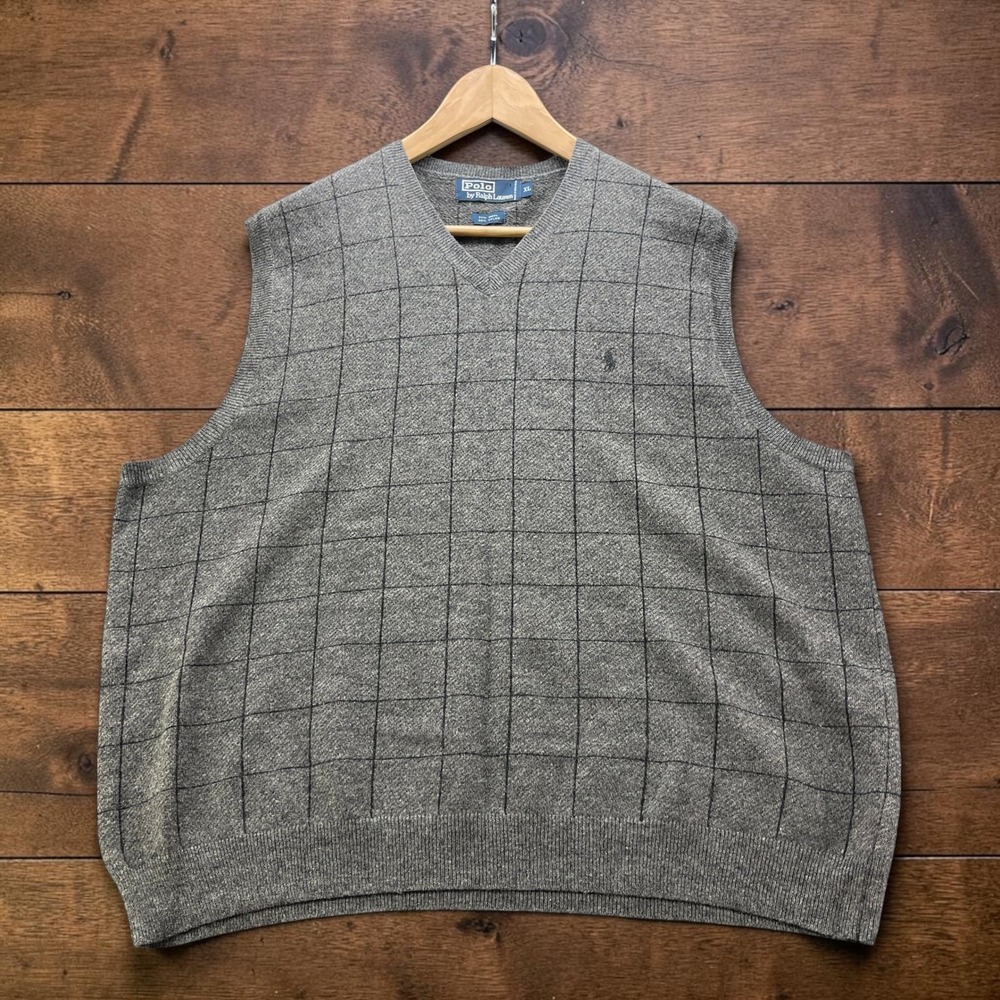 Polo Ralph Lauren Mens XL Grey Windowpane Wool Blend V-Neck Sweater Vest